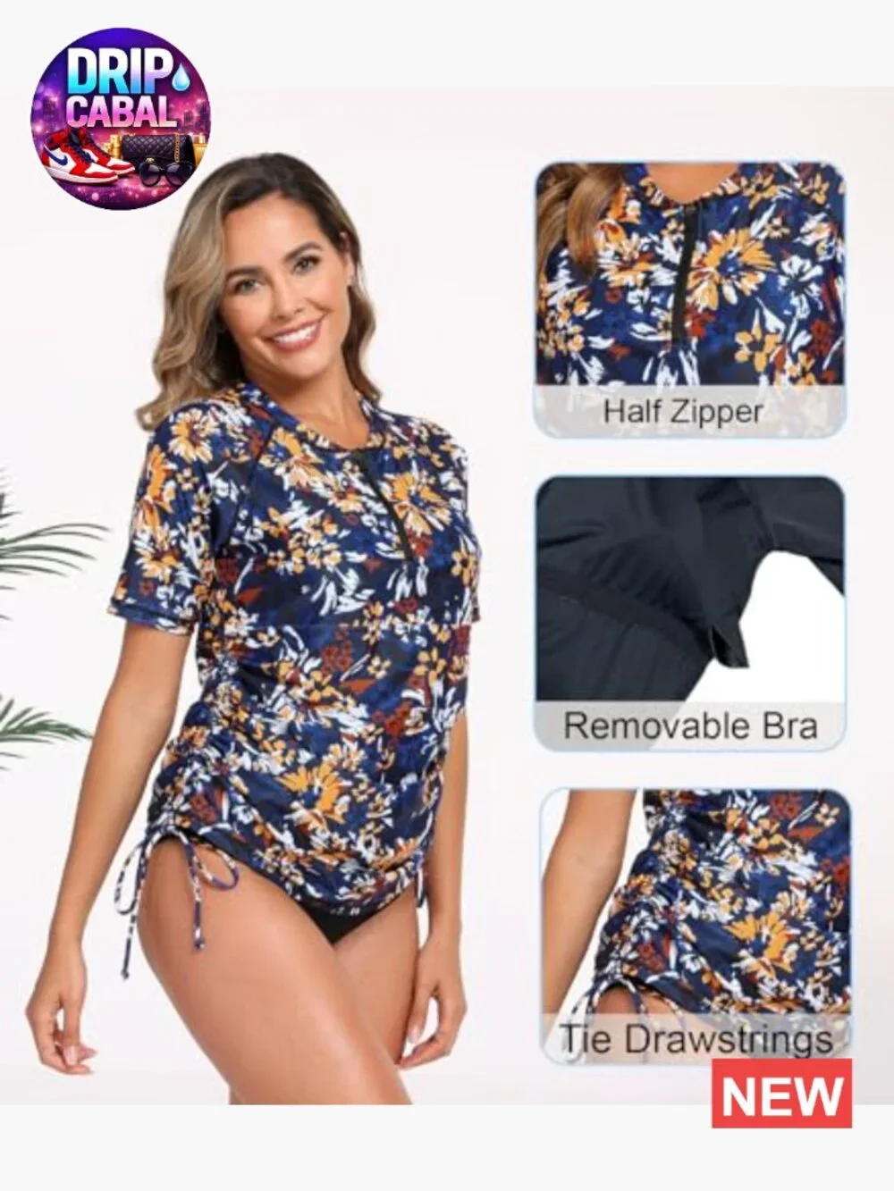 Short Sleeve UPF50+ Rash Guard Swim Shirt with Built-in Bra Half Zip
